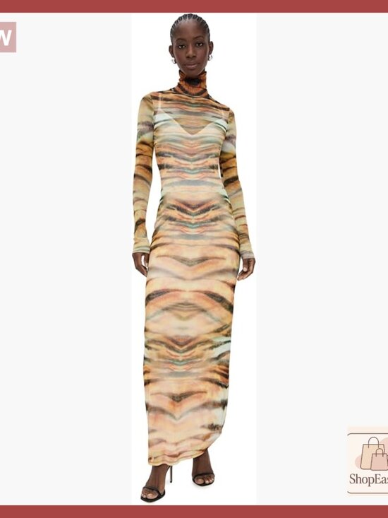 Dresses & Skirts - Maxi Mesh Dress Elegant Chic Casual Long Sleeve Mock Neck Stretch Pullover